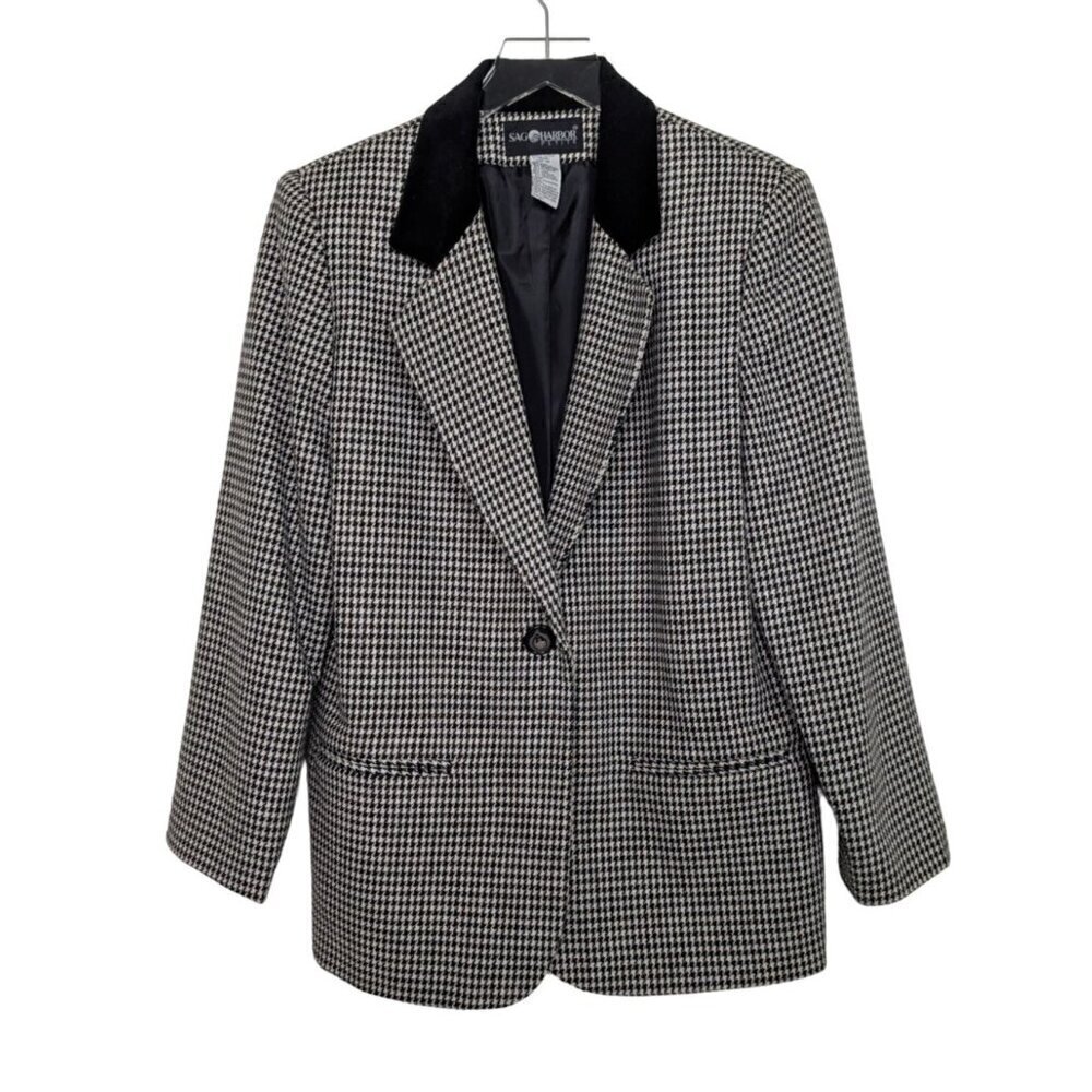 Sag Harbor Houndstooth Blazer Womens Size 10 Black White Vintage Wool Blend
